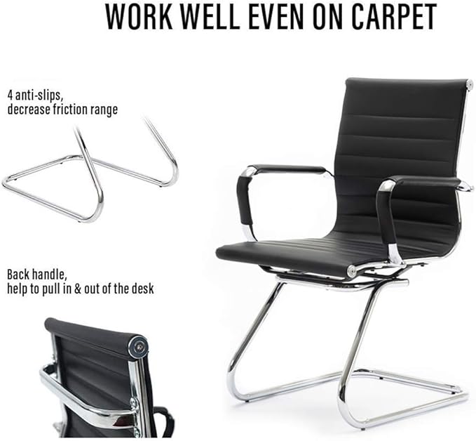 Reception Chairs No Wheels Leather Conference Chair Heavy Duty Back Support Office Guest Chair, Set of 2 (Black)-DeskLoop Office