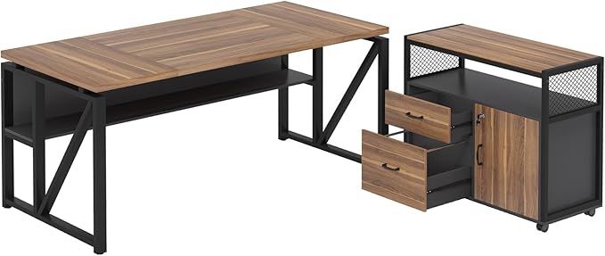 Tribesigns 63" Executive Desk with Reversible File Cabinet, Large L-Shaped Office Desk with Drawers, Business Furniture Workstation for Home Office-DeskLoop Office