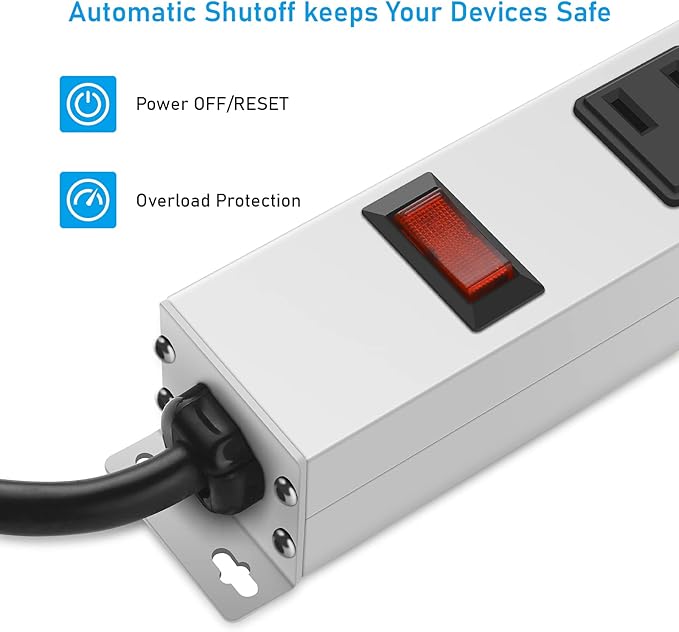 JUNNUJ Metal 12 Outlet Power Strip, Mountable Heavy Duty Power Strip, 1200J Surge Protector Wall Mount Screws Outlet with Switch, Gaming Desk Strips Wide Spaced 15A 125V 1875W, 6 FT 14AWG Power Cord-DeskLoop Office