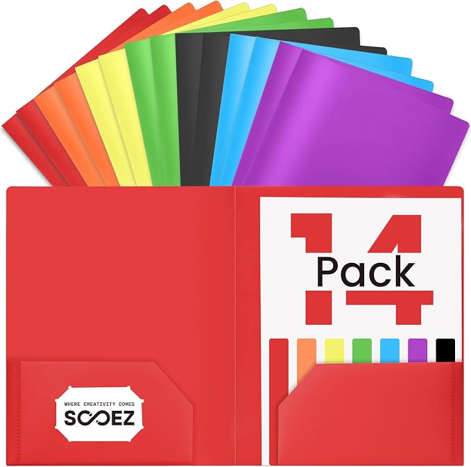 Sooez 14 Pack Folders with Pockets, Pocket Folders with Extra Labels, Plastic by Sooez