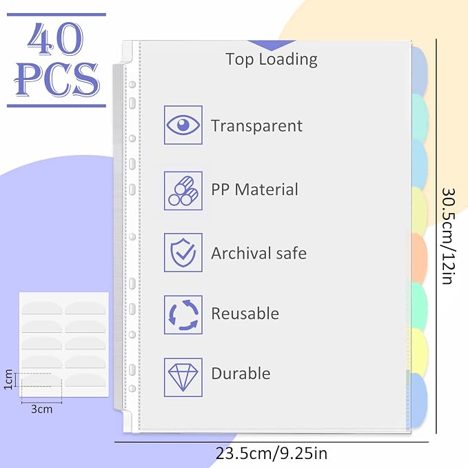 5 Set of 40 Pack A4 Plastic Sleeves Binder Index Dividers Pocket Dividers - Image 2