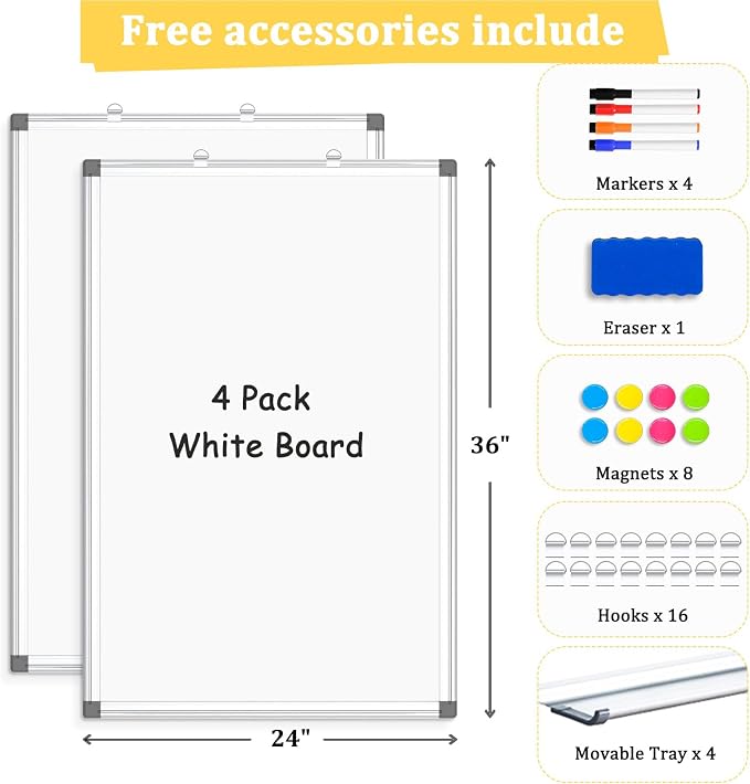 AMUSIGHT 4 Pack Double-Sided Magnetic Whiteboard, Aluminum Frame White Board - Image 4