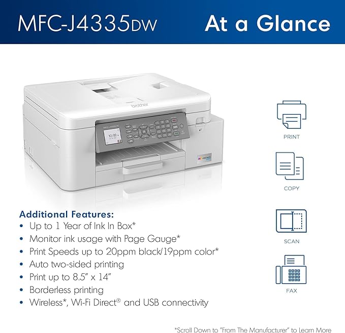 Brother MFC-J4335DW INKvestment Tank All-in-One Printer with Duplex and Wireless Printing Plus Up to 1-Year of Ink in-Box (Renewed Premium), White-DeskLoop Office