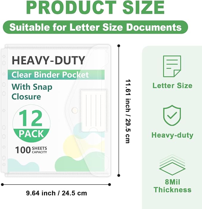 HOUYEE 12 Pack Clear Binder Pocket, 11 Holes Heavy-Duty Plastic Binder Pouch - Image 2