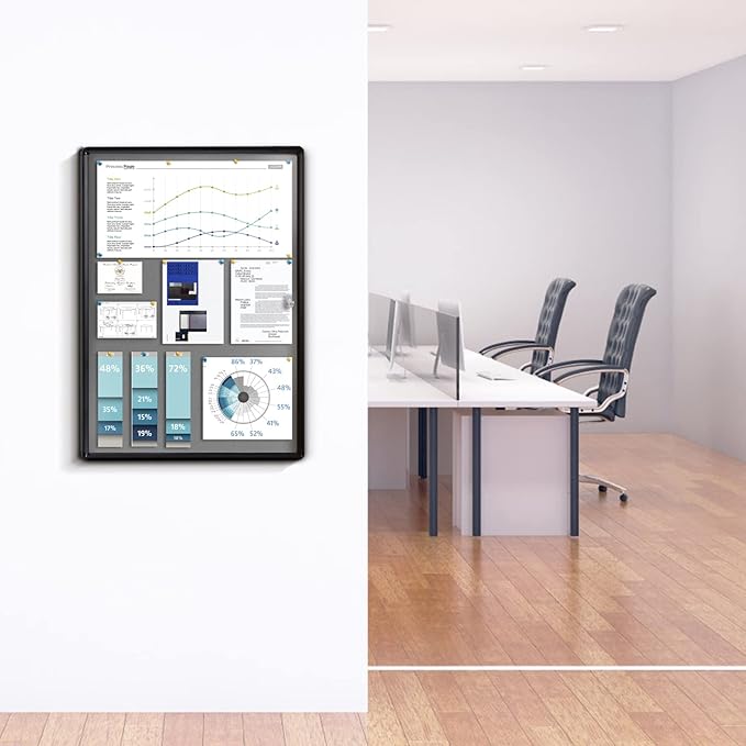 Enclosed Bulletin Board Lockable Display Case Message Board with Locking Door for Indoor, Grey Felt, Black Aluminum Frame, 28 X 26 in-DeskLoop Office