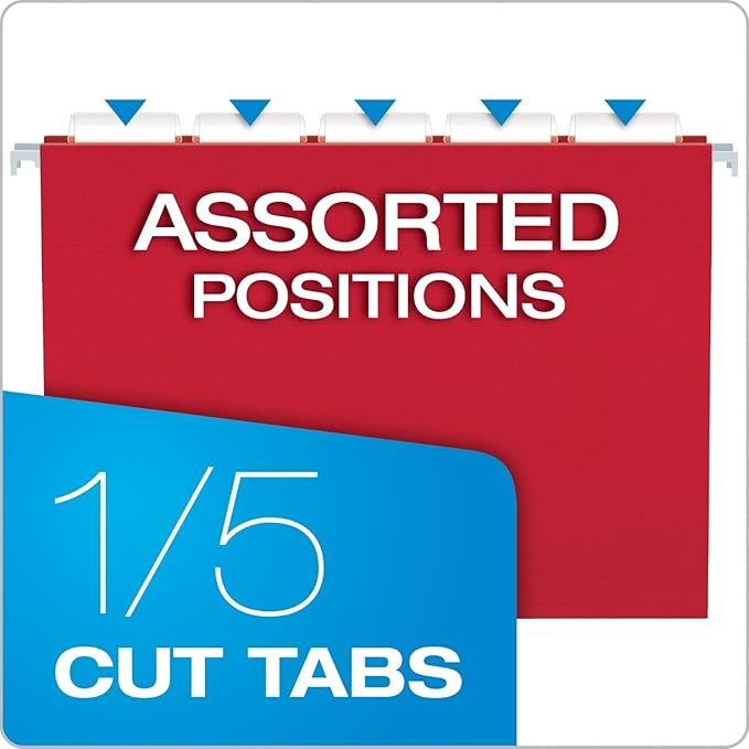Pendaflex Colored Hanging File Folders Letter Size with 1/5 Cut Adjustable Tabs, 8.5 X 11-100 Pack of 12 Assorted Colors