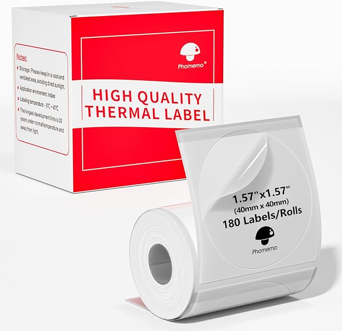 Phomemo Transparent Thermal Labels, Self-Adhesive, 1.57"x1.57", 180 Labels/Roll by Phomemo