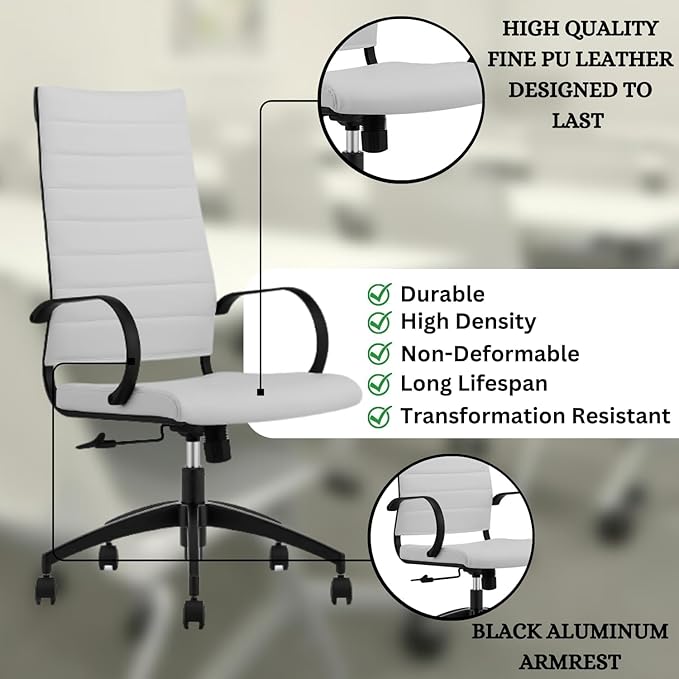 Ribbed High Back Conference Room Chairs - Lumbar Support, Modern Executive Home Office Chair - White Leather Seat & Black Aluminum Frame-DeskLoop Office