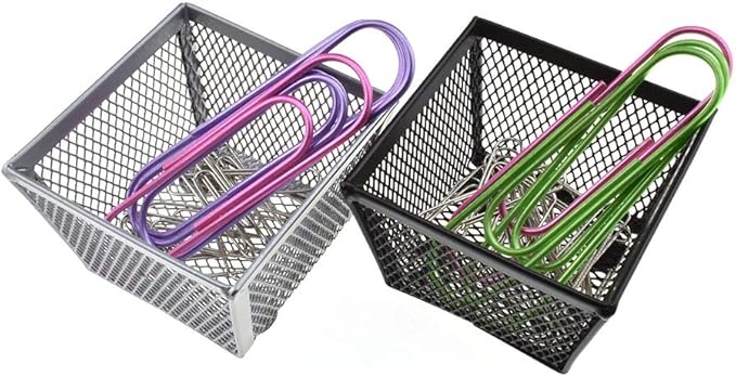 HAHIYO Stackable Paper Clip Mesh Holder Cup 2.2" Height 4 Pack Sturdy Paperclip Holder Container for Desk Drawer Organizer Collection for Home Office School Black Silver Soft Foam Feet No Sharp Edges-DeskLoop Office