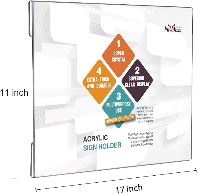 NIUBEE Acrylic Sign Holder 11 x 17 Horizontal Wall Mount Sign Holders Clear - Image 2