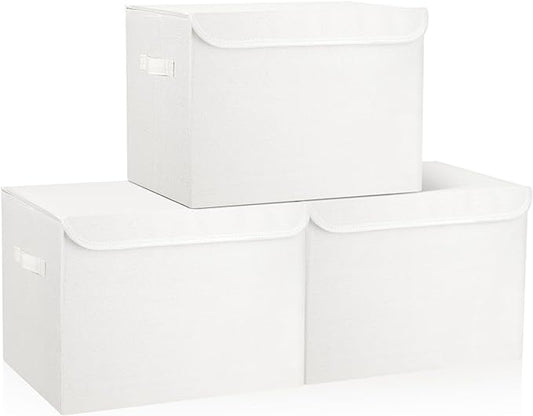 Large 17" 42 Quarts Collapsible Stackable Storage Bins with Lids [3-Pack] Foldable Fabric Linen Storage Boxes Cube, Closet Organizer Baskets with Label (16.7 x 12 x 12", White)-DeskLoop Office