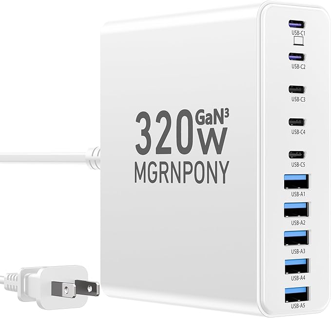 320W USB C Charger Block, 10-Port USB C Charging Station GaN III PD 65W Laptop Fast Charger Adapter for MacBook Pro/Air, DELL, iPad, iPhone, Samsung Galaxy White-DeskLoop Office