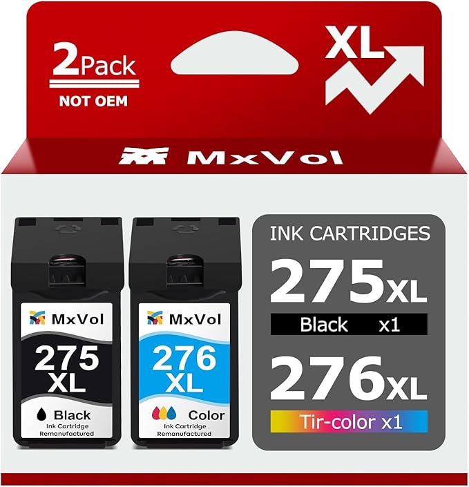 MxVol 275XL 276XL Remanufactured Ink Cartridge Replacement for Canon 275 and 276 XL PG-275XL CL-276XL Ink for Canon PIXMA TS3520 TS3522 TS3500 TR4720 TR4722 TR4700 Printers (1 Black, 1 Color Combo)-DeskLoop Office