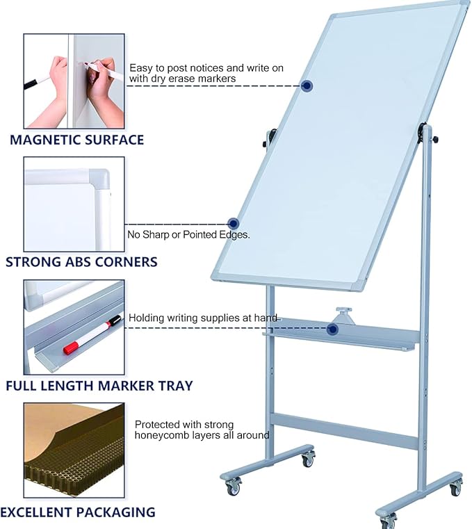 40" x 28" Double-Sided Mobile Whiteboard with Wheels | Rolling Magnetic Dry Erase Board on Stand | Adjustable Height Silver Frame White Board for Office, Classroom & Home-DeskLoop Office