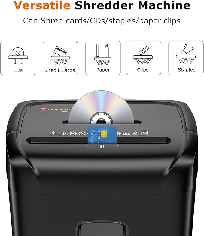 Bonsaii 12-Sheet Paper Shredder for Home Office Use, 10-Minute Cross Cut Shredder with 5.5 Gallons Bin, P-4 High Security Heavy Duty Office Shredder Shred CD/Credit Card-DeskLoop Office