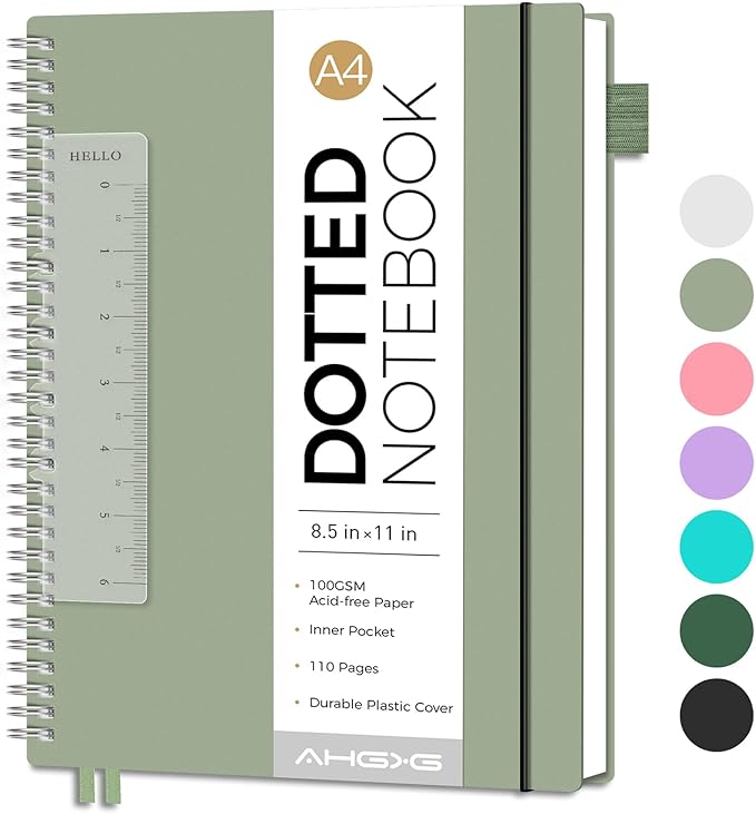 AHGXG Bullet Dotted Journal - Dot Grid Spiral Notebook 8.5" x 11", A4 Large Dotted Notebook, 100 GSM Thick Paper, Waterproof Plastic Cover Journals for Bullet Journaling, Sketching, Sage Green-DeskLoop Office