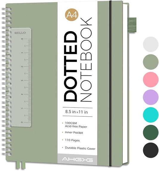 AHGXG Bullet Dotted Journal - Dot Grid Spiral Notebook 8.5" x 11", A4 Large Dotted Notebook, 100 GSM Thick Paper, Waterproof Plastic Cover Journals for Bullet Journaling, Sketching, Sage Green-DeskLoop Office