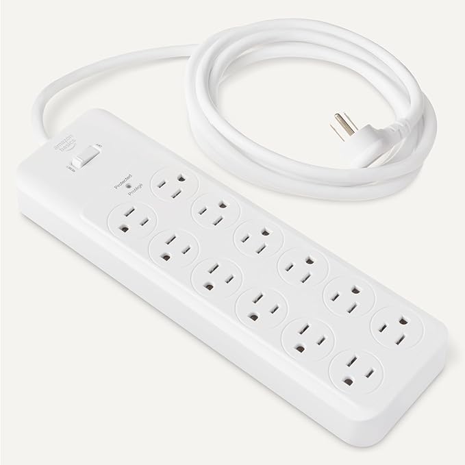 Amazon Basics Surge Protector Power Strip, 12-Outlet, 4000 Joules, 8ft Extension Cord, Rectangle, for Home, Office, Gaming Room, White-DeskLoop Office