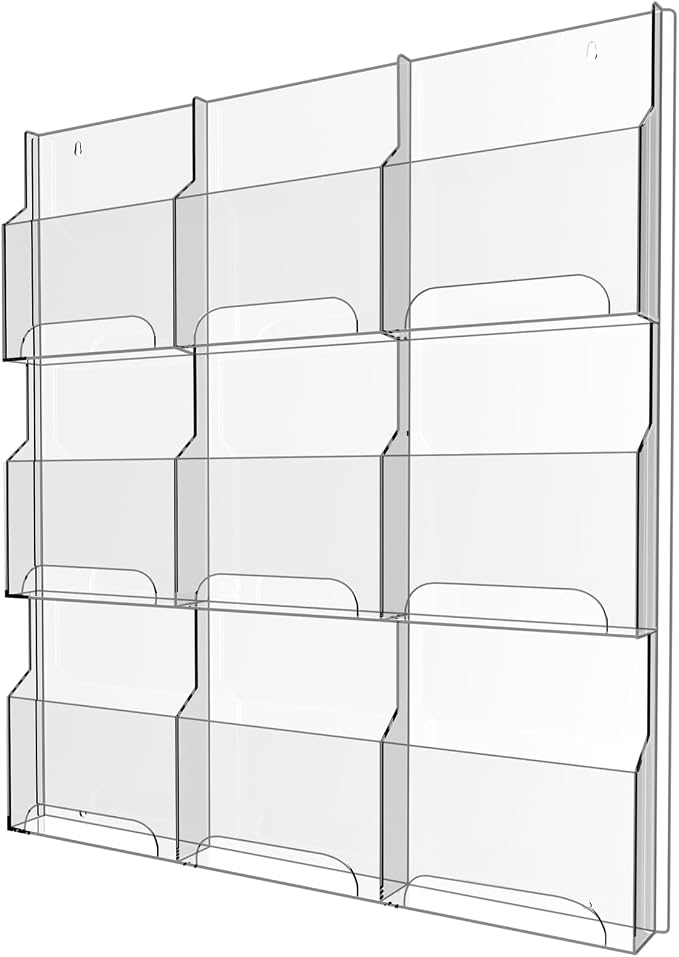 Acrylic Brochure Pamphlet Holder, 9 Magazine Holders, Trifold Flyer Rack by Nalwort