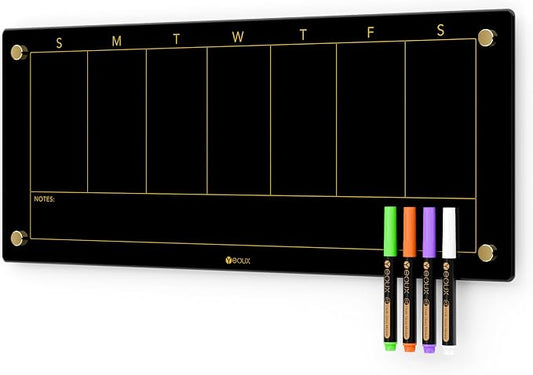 Black Glass Golden Weekly Dry Erase Calendar Whiteboard by Yeoux