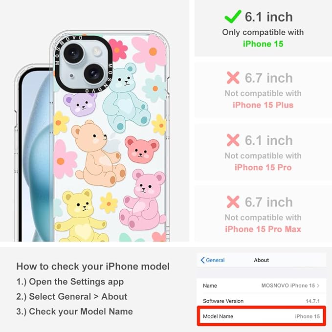 MOSNOVO Case for iPhone 15, [Buffertech 6.6ft Military-Grade Drop Protection] [Anti Peel Off Tech] Clear TPU Bumper Phone Case Cover Design - Cute Teddy Bear-DeskLoop Office