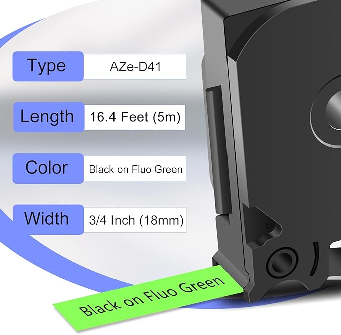 2 Pack Compatible for Ptouch TZe-D41 TZ-D41 TZe TZ Label Tape 18mm 0.7'' Laminated Black on Fluo Green Tape Label Maker Tape for PT-D600 PT-D610BT PT-D600VP PT-P710BT PT-P750W