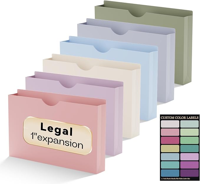 Plastic 1 Inch Manila File Jackets, Legal Size, 12 Pack Manilla Pocket Folders by NORDUN