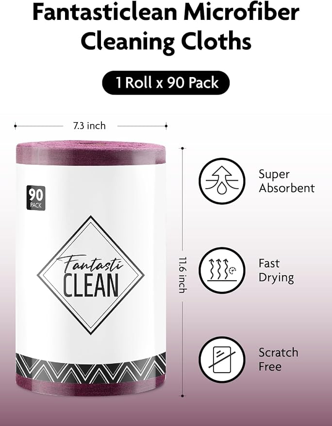Fantasticlean Microfiber Cleaning Cloth Roll -90 Pack, Tear Away Microfiber Towels, 12" x 12", Reusable, Washable, Scratch Free, Ultra Absorbent Dish Rags for Car, Home, Garage or Shop (Deep Purple)-DeskLoop Office
