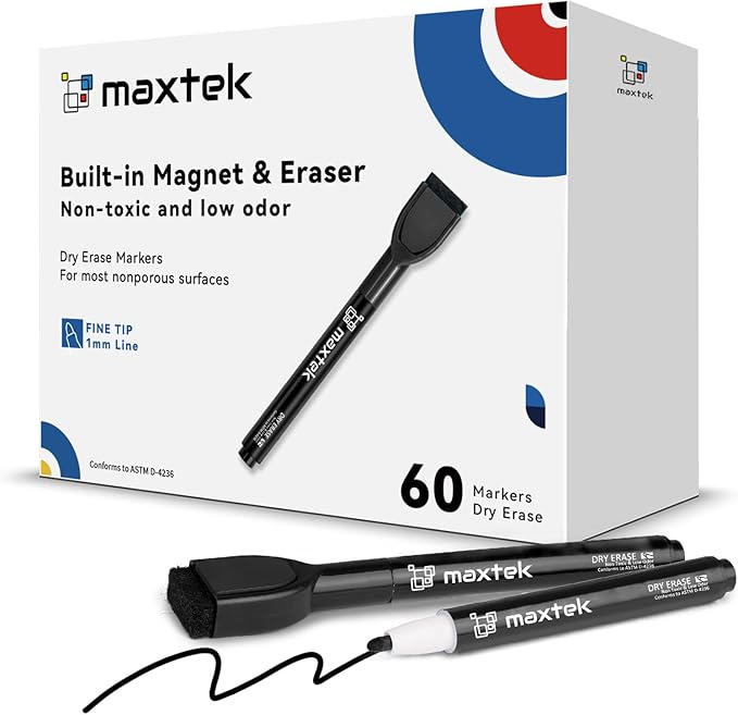 maxtek Magnetic Black Dry Erase Markers, Low Odor by Maxtek