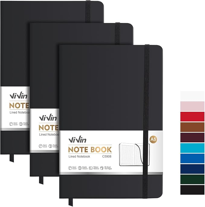ViVin Lined Journal Notebooks, 3 Pack, 192 Pages, Medium 5.5 x 8.3 inch by ViVin