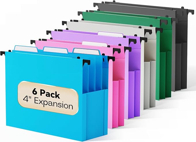 Plastic Extra Capacity Hanging File Folders, 6 Pack Heavy Duty 4" Expanding by NORDUN
