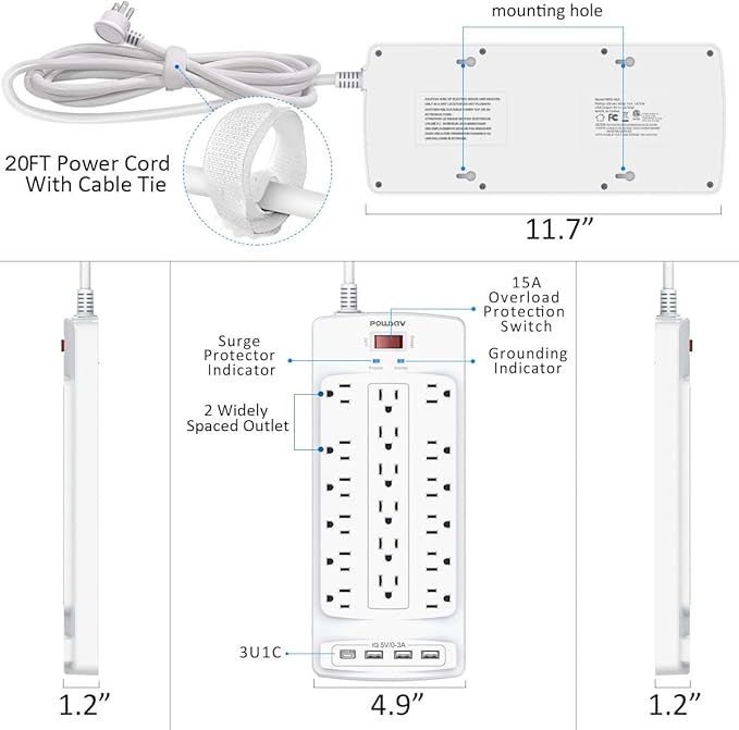 18 Outlets Surge Protector Power Strip - 20 Feet Flat Plug Heavy Duty Extension Cord with 18 Widely Outlets and 4 USB Ports, 2100 Joules, White, ETL Listed-DeskLoop Office