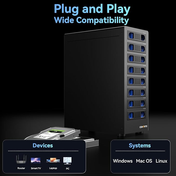 8 Bay Hard Drive Enclosure with Cooling Fan for 2.5/3.5" SATA HDD/SSD with USB A/C 3.0 Cable, 3.5 Hard Drive Enclosure Supports 160TB Capacity, Tool-Free HDD Enclosure, DAS(NO RAID/NAS)-DeskLoop Office