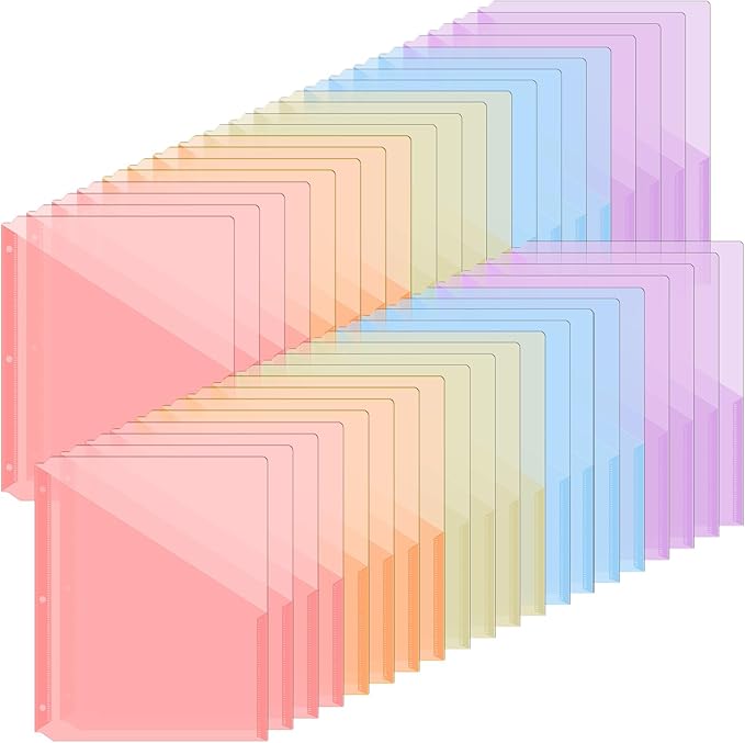 Maitys 50 Pack Binder Pockets 3 Hole Punch Clear Plastic Document Folders by Maitys