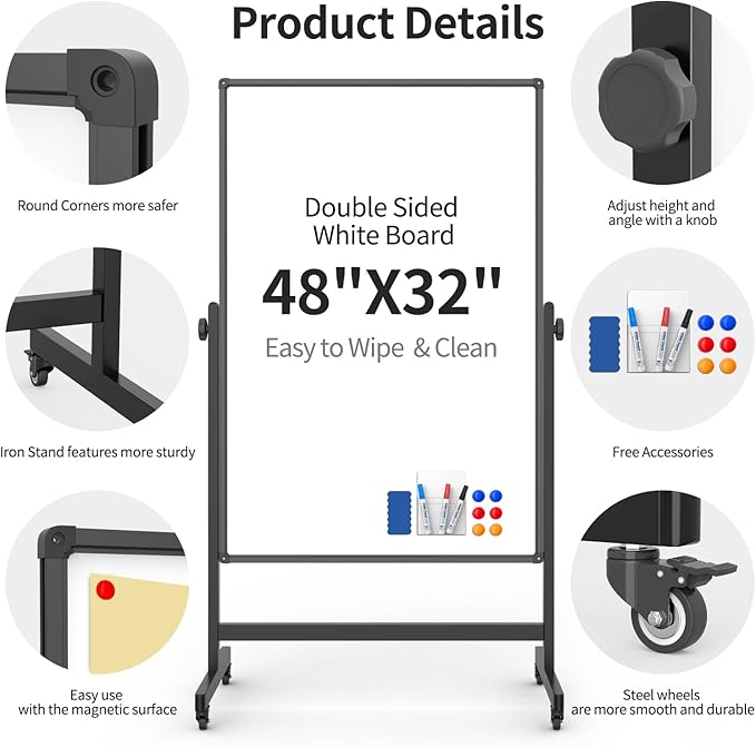 48x32inches Mobile Whiteboard - Adjustable Height, Standing Whiteboard on Wheels, Double-Sided Magnetic Dry Erase Board for Office, Home, Classroom-DeskLoop Office
