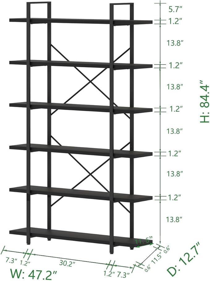 HSH 6 Tier Tall Black Bookshelf, Modern Large Storage Book Shelves & Display Book Shelf,Industrial Open Vertical Metal and Wood Black Bookcases 6 Shelf for Bedroom Living Room Office, Black Oak-DeskLoop Office