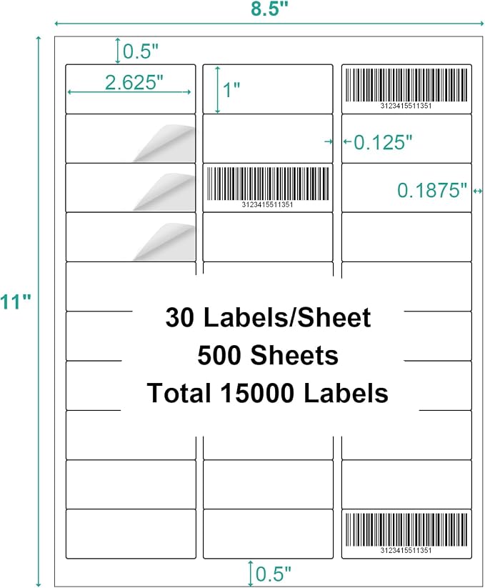 1" x 2-5/8" White Blank Printable Shipping Label, 500 Sheets 15000 Labels - Image 2