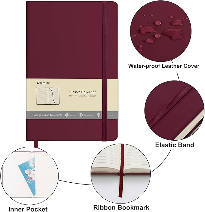 Comix Lined Journal Notebook for Women Men, Journaling Notebooks for Office School Home, Burgundy, 240 Pages, 5.5" x 8.3", College Ruled, A5, Hardcover-DeskLoop Office