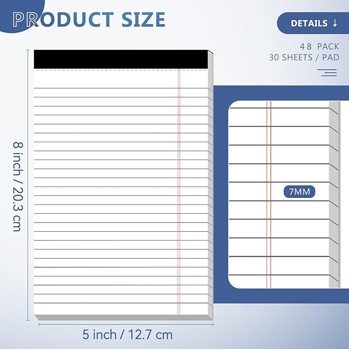 5" x 8" Note Pads 48 Pack of Legal Pads 30 Sheets Notepad College Ruled Small Writing Pads Perforated Pages Paper Pads 80GSM Heavyweight Paper Note Pads for Home, Office, or School-DeskLoop Office