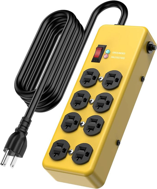 HEZI 20A Power Strip Surge Protector Durable Metal 8-Outlet with Heavy Duty 20 Amp Extension Cord,12 Gauge for Garage,Workshop & Industrial Use with 6-20R T-Slot Outlets,4800J(Yellow,6FT)-DeskLoop Office