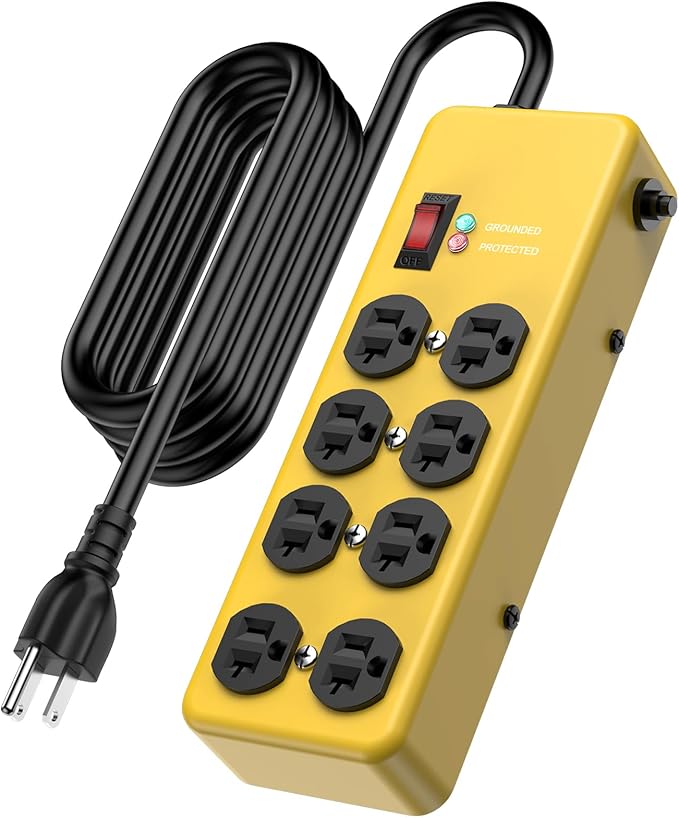 HEZI 20A Power Strip Surge Protector Durable Metal 8-Outlet with Heavy Duty 20 Amp Extension Cord, 12 Gauge for Garage,Workshop & Industrial Use with 6-20R T-Slot Outlets,4800J(Yellow,10FT)-DeskLoop Office