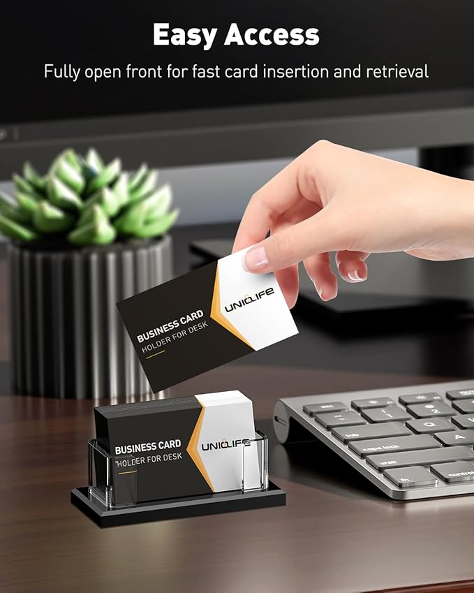 Uniclife Acrylic Business Card Holder for Desk 1 Slot Clear Horizontal Business Card Stand for Men & Women Desktop Name Card Display Stand Card Organizer for Office Home Exhibition, 60 Card Capacity-DeskLoop Office