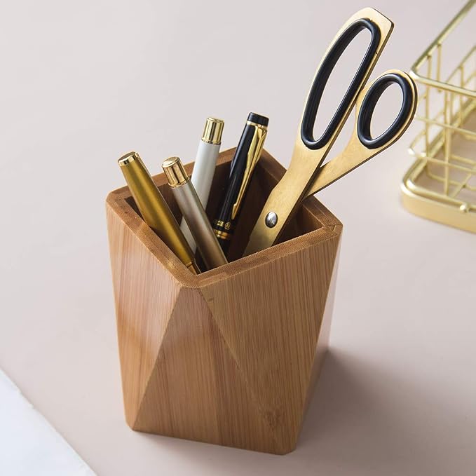 Bamboo Wood Pen Holder Stand for Desk Geometric Pencil Cup Pot Cute Desktop - Image 4