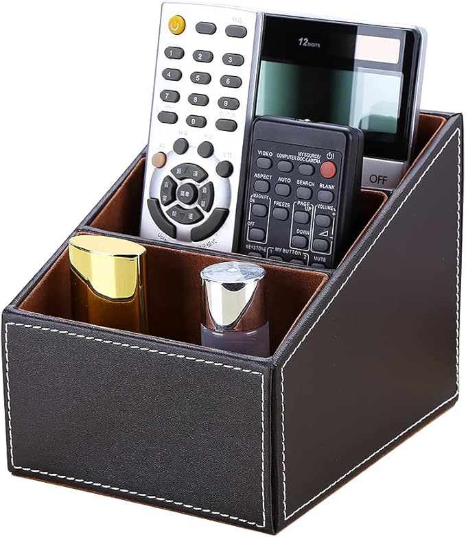 KINGFOM Remote Control Holder with 3 Compartments, Pu Leather Remote Caddy Desktop Organizer for TV, CD, Blu-Ray, Media Player, Heater Controllers and Cosmetics Office Supplies(Brown)-DeskLoop Office