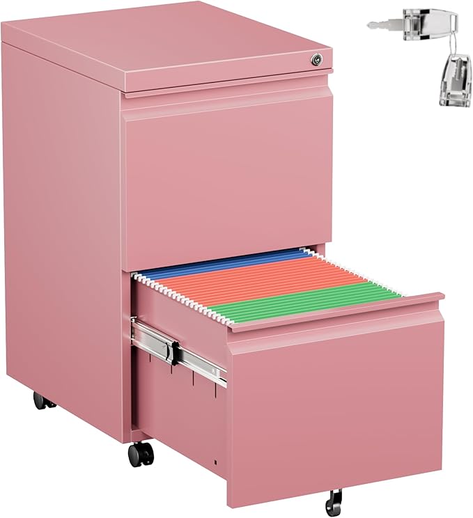 Aobabo Metal 2 Drawer Office File Cabinet with Lock, Under Desk Office Steel Files Cabinet on Wheels, 25.6''H Legal/Letter A4 Size, Fully Assembled Except Wheels,Pink-DeskLoop Office