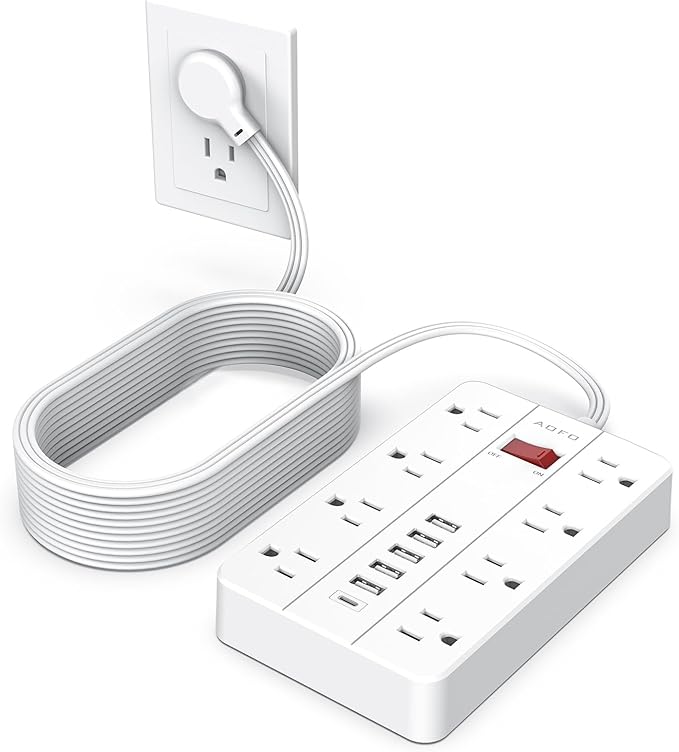 15ft Extension Cord Long Power Strip,AOFO 8 Widely-Spaced Outlets & 6 USB Ports Flat Plug Power Strip,Power Cord for Wall Mountable and Desktop White-DeskLoop Office