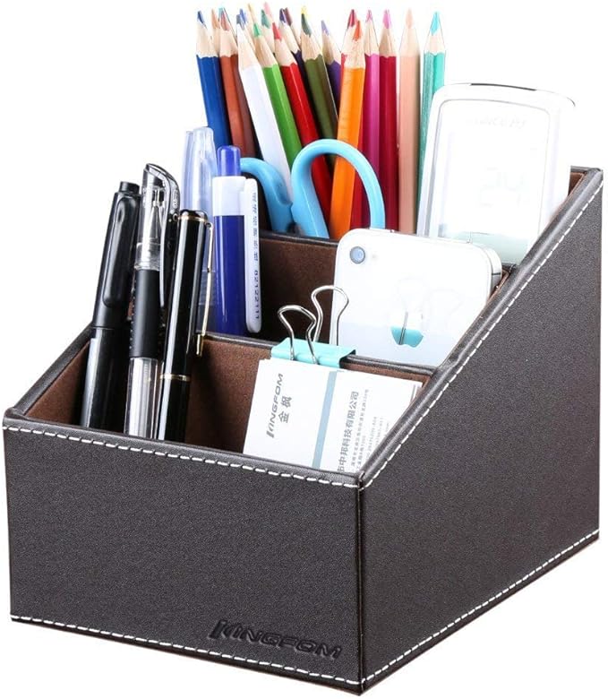 KINGFOM Remote Control Holder with 3 Compartments, Pu Leather Remote Caddy Desktop Organizer for TV, CD, Blu-Ray, Media Player, Heater Controllers and Cosmetics Office Supplies(Brown)-DeskLoop Office