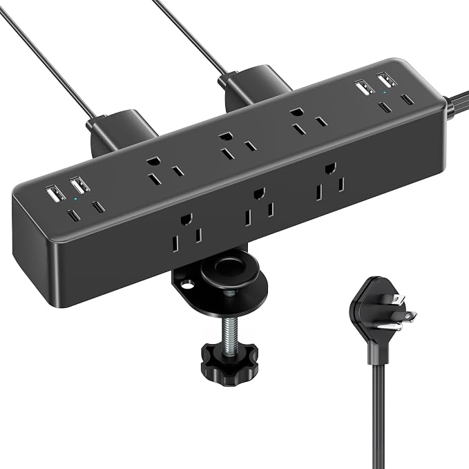 Flat Plug Desk Clamp Power Strip 10FT, 24W Total Charging Station, Desk Edge by AcozvinPowerStrip