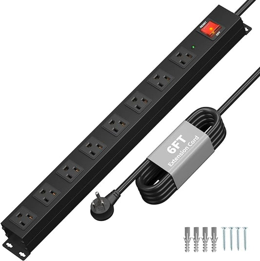 KF 8 Outlet Heavy Duty Power Strip Surge Protector, 2100J Surge Protection Metal Power Strip, 15A/1875W Mountable Power Strips with Upgraded Switch, 14AWG 6FT Extension Cord, Black-DeskLoop Office