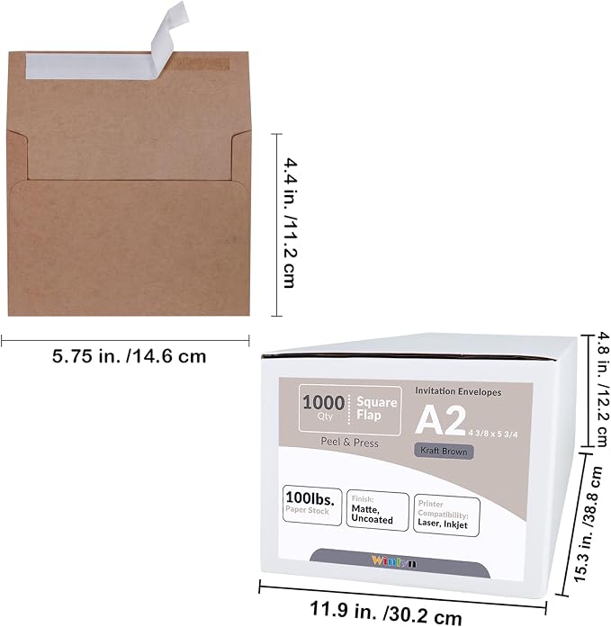 1000 Pcs A2 Invitation Envelopes in Kraft Brown Peel & Press Self Seal 4 3/8 x - Image 3